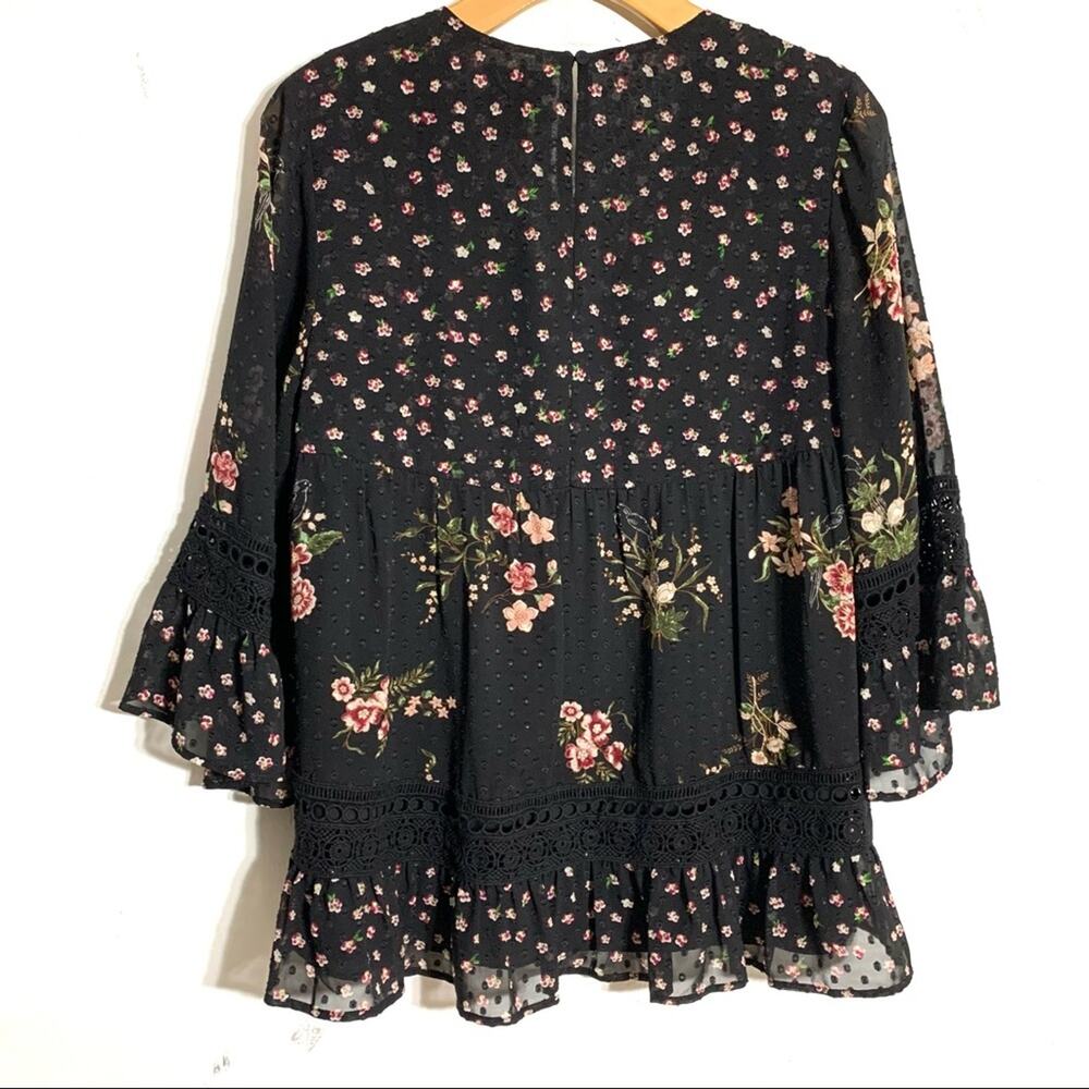 Anthropologie Maeve Steffy Floral Bohemian Babydoll Black Ruffled Blouse size S - Picture 4 of 14